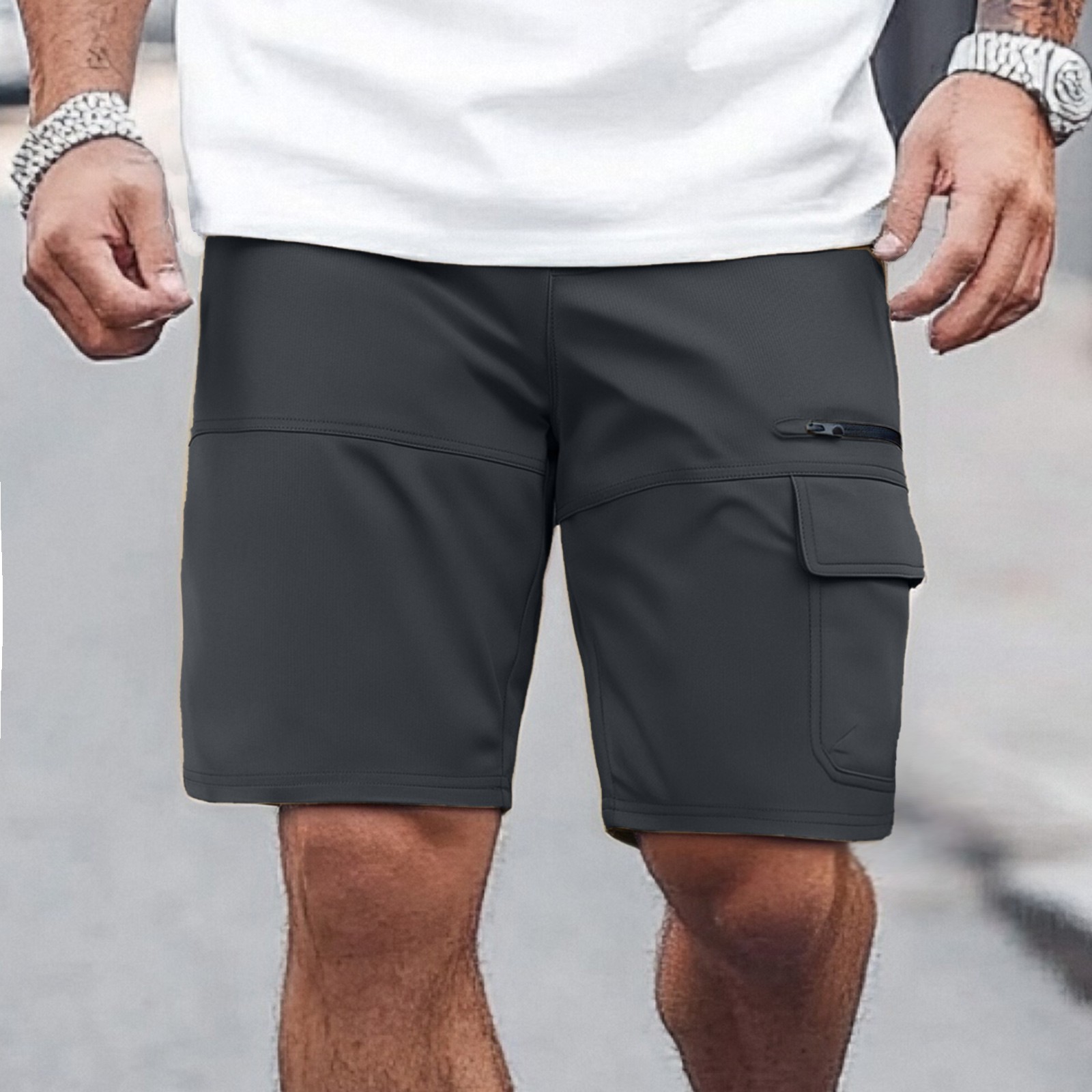 thumbnail image 2 of Pantalones cortos informales elásticos para hombre - Múltiples bolsillos - Spandex, cintura elástica, ropa urbana, tallas S-XXXL, 2 of 7
